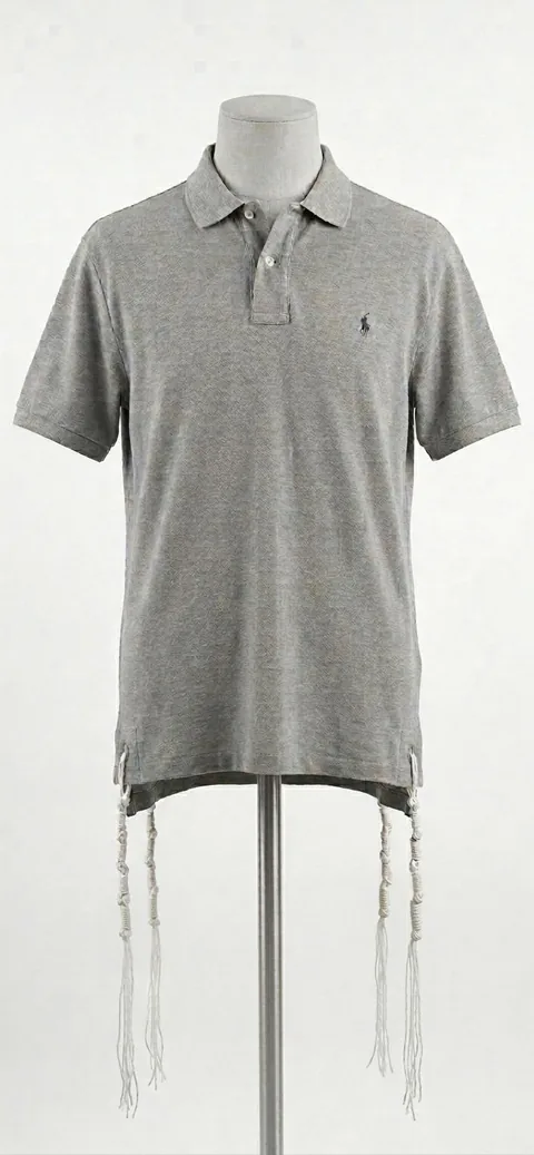 Piece 2: tzitzit tied into a Ralph Lauren polo, heather grey, on a mannequin