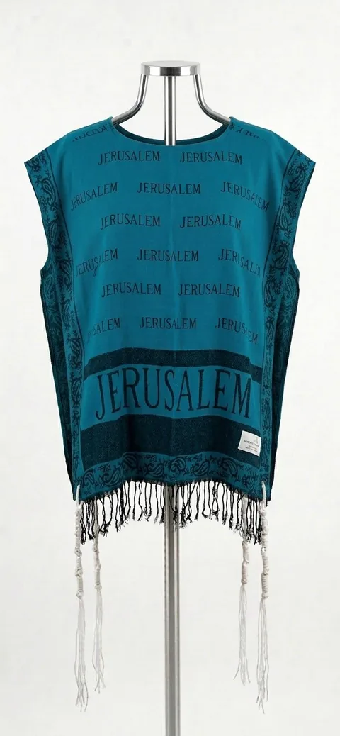 Piece 3: tzitzit tied into a teal cloth printed with Jerusalem, on a mannequin