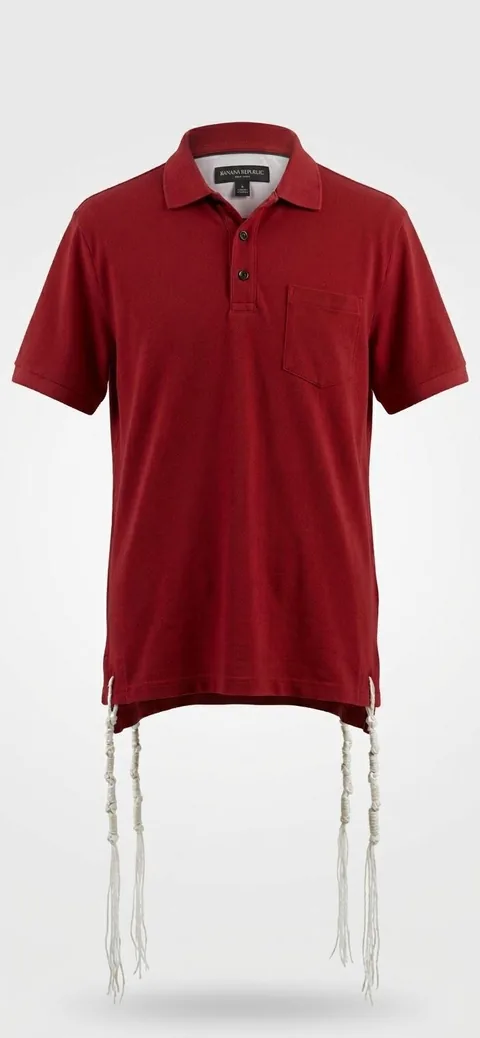 Piece 4: tzitzit tied into a red pocket polo, on a mannequin