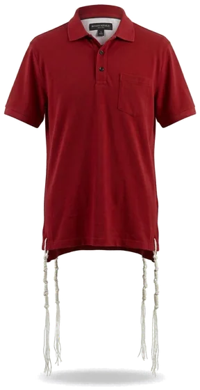 Piece 4: tzitzit tied into a red pocket polo, on a mannequin