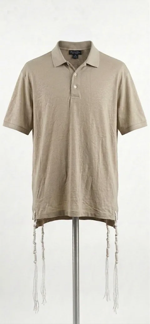 Piece 6: tzitzit tied into a sand linen polo, on a mannequin