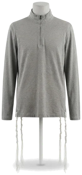Piece 9: tzitzit tied into a heather grey quarter-zip, on a mannequin