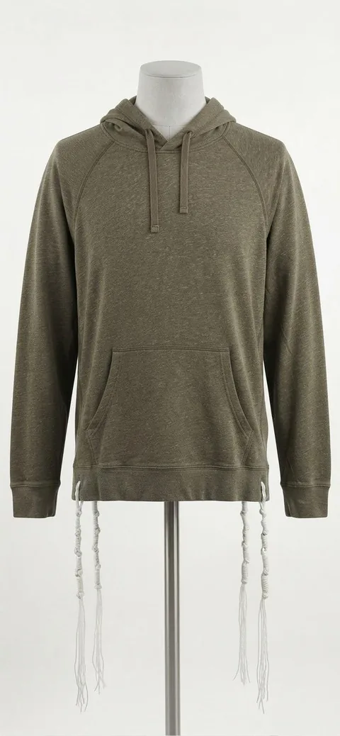 Piece 10: tzitzit tied into an olive raglan hoodie, on a mannequin