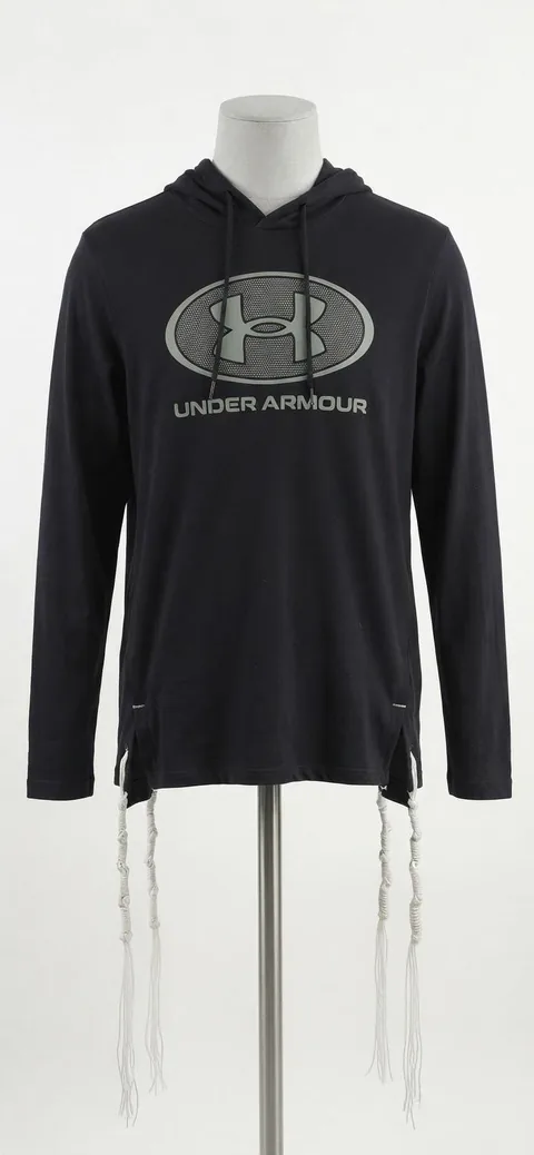 Piece 11: tzitzit tied into an Under Armour hoodie, navy, on a mannequin