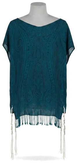 Piece 12: tzitzit tied into a teal paisley cloth, on a mannequin