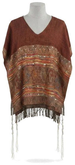 Piece 13: tzitzit tied into a copper paisley cloth with a woven border, on a mannequin