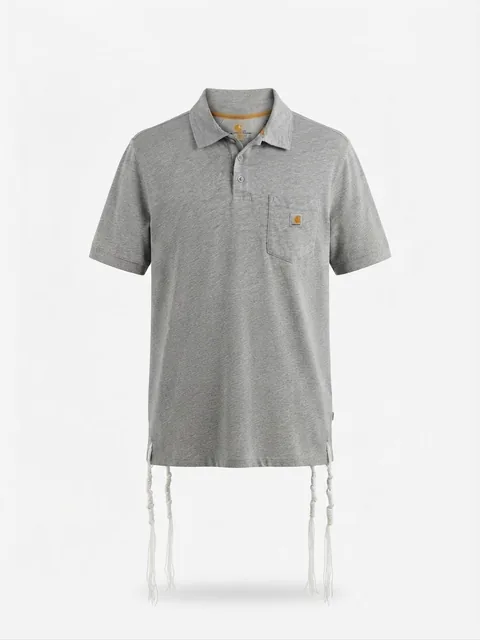 Piece 14: tzitzit tied into a heather grey pocket polo, on a mannequin