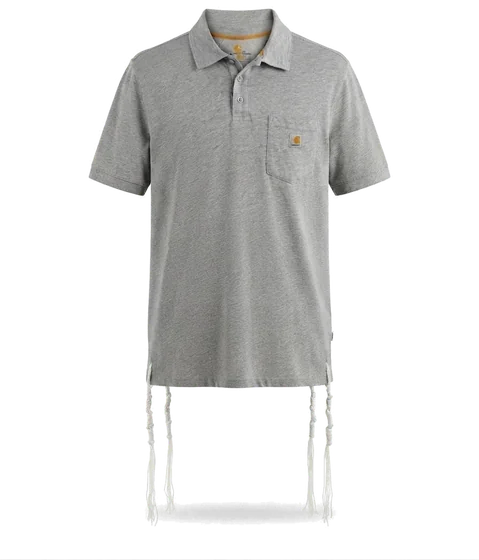 Piece 14: tzitzit tied into a heather grey pocket polo, on a mannequin