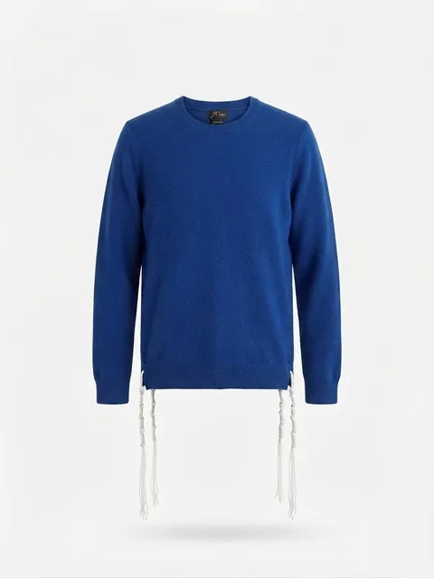 Piece 15: tzitzit tied into a cobalt crewneck sweater, on a mannequin