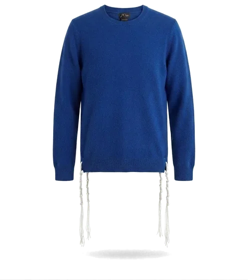 Piece 15: tzitzit tied into a cobalt crewneck sweater, on a mannequin