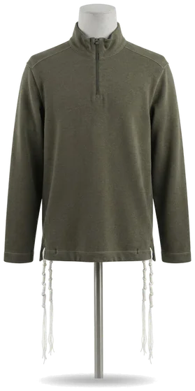 Piece 18: tzitzit tied into an olive quarter-zip, on a mannequin