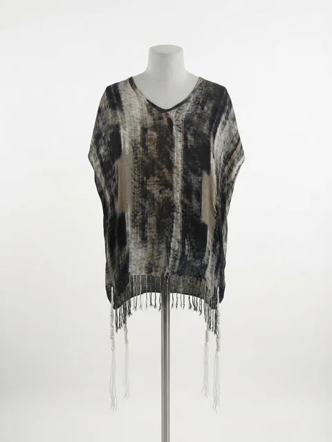 Piece 20: tzitzit tied into a smoky tie-dye cloth, charcoal and taupe, on a mannequin