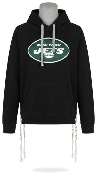 Piece 22: tzitzit tied into a New York Jets hoodie, on a mannequin