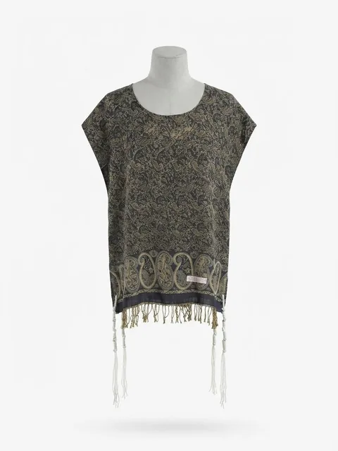 Piece 23: tzitzit tied into an olive paisley cloth, on a mannequin