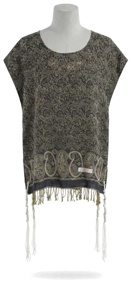 Piece 23: tzitzit tied into an olive paisley cloth, on a mannequin