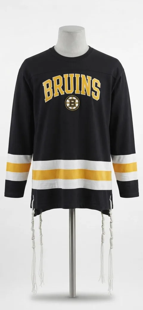 Piece 24: tzitzit tied into a Boston Bruins jersey, on a mannequin