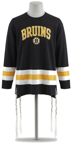 Piece 24: tzitzit tied into a Boston Bruins jersey, on a mannequin