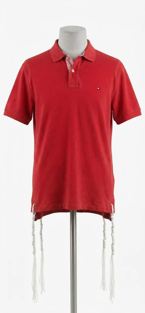 Piece 25: tzitzit tied into a Tommy Hilfiger polo, red, on a mannequin