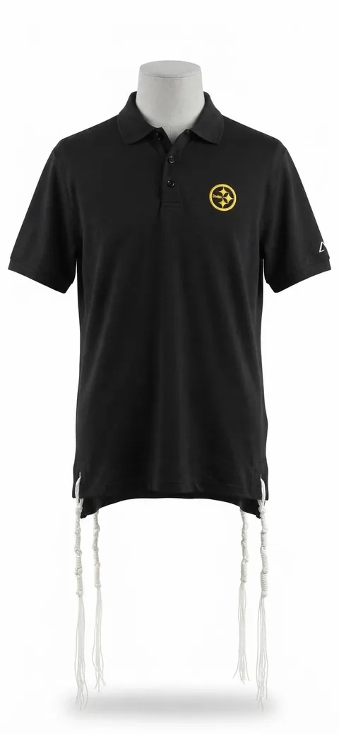 Piece 28: tzitzit tied into a Pittsburgh Steelers polo, black, on a mannequin