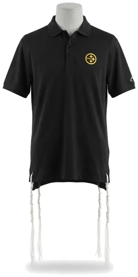 Piece 28: tzitzit tied into a Pittsburgh Steelers polo, black, on a mannequin