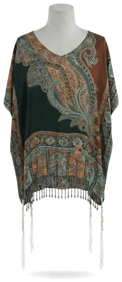 Piece 29: tzitzit tied into a forest and rust ornate paisley cloth, on a mannequin