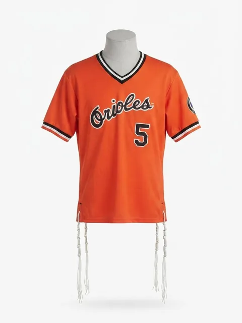Piece 30: tzitzit tied into a Baltimore Orioles jersey, number 5, on a mannequin