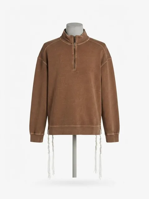Piece 31: tzitzit tied into a weathered brown quarter-zip, on a mannequin