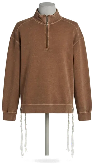 Piece 31: tzitzit tied into a weathered brown quarter-zip, on a mannequin