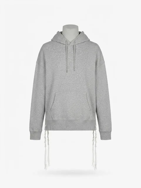 Piece 33: tzitzit tied into a plain hoodie, heather grey, on a mannequin