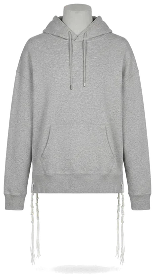 Piece 33: tzitzit tied into a plain hoodie, heather grey, on a mannequin